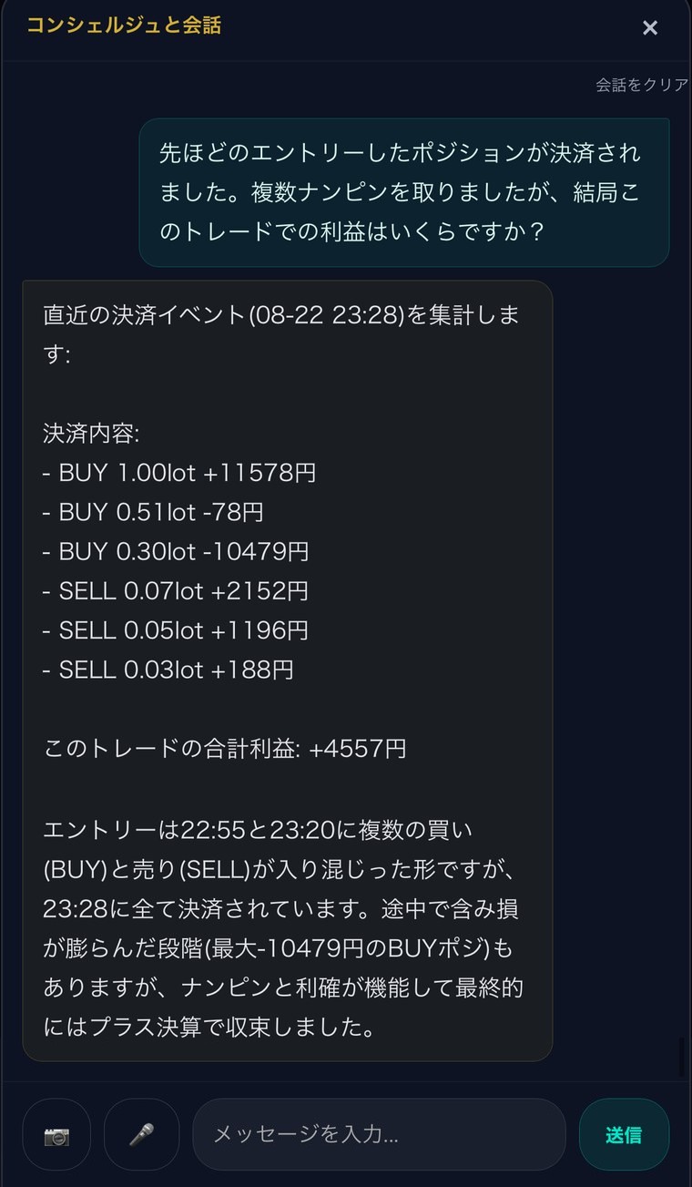 その後、利確で決着したトレードの結果をAIコンシェルジュが報告している実際の画面